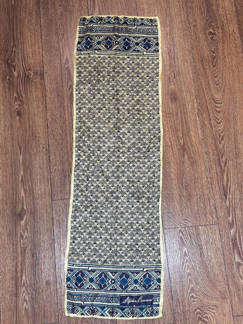 Vintage Stephen Burrows 100% Silk Scarf 42x13 Teal Blue Geometric Signed